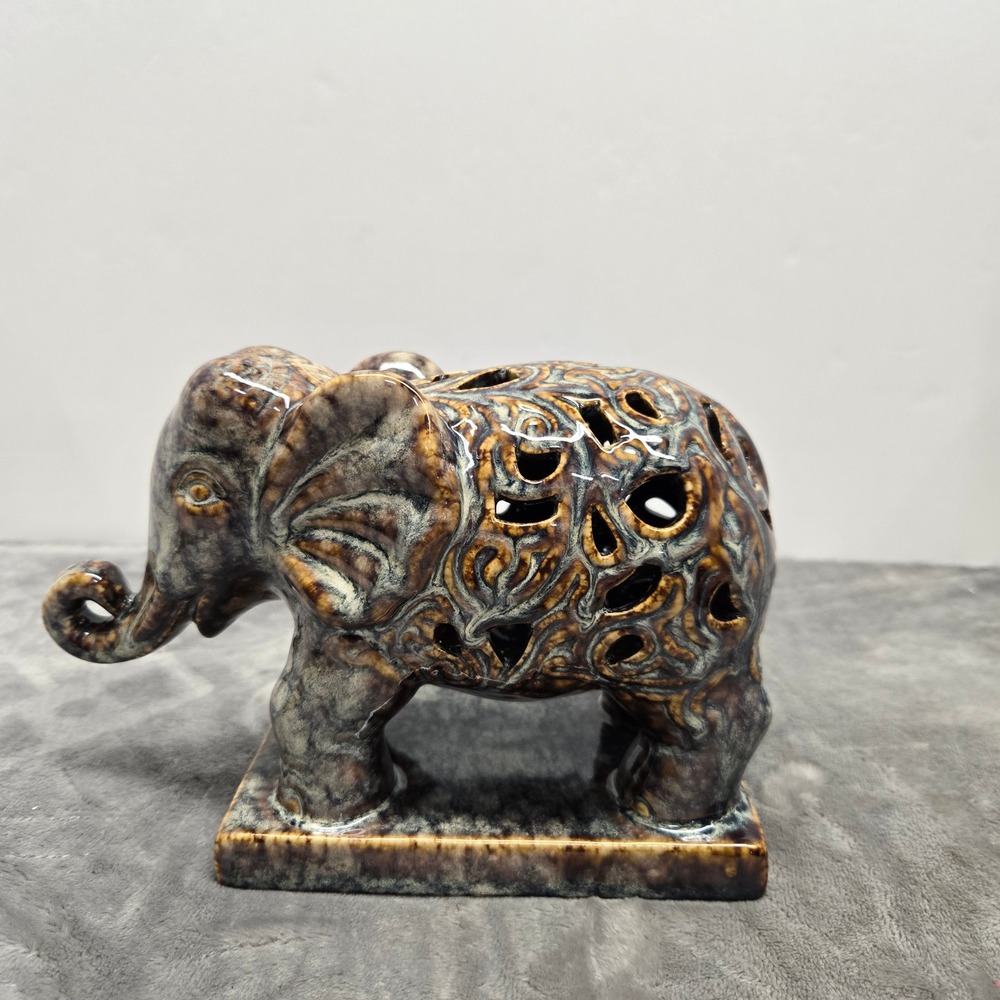Vintage Ceramic Elephant Figurine‎ Filigree Cutout Mottled Brown Glaze 8.5 Inch